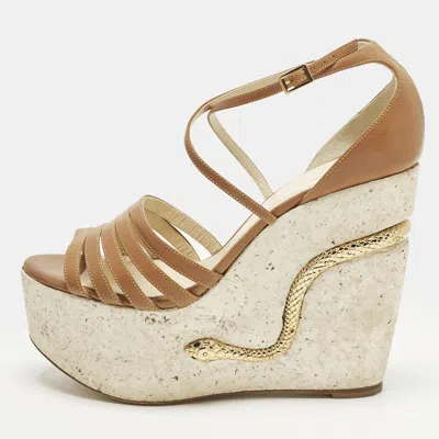 Pre-owned Roberto Cavalli Size 40 Brown Leather Wedge Sandals
