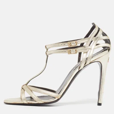 Pre-owned Roberto Cavalli Size 40 Metallic Leather T Strap Sandals In Silver