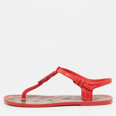 Pre-owned Roberto Cavalli Size 40 Red Jelly Thong Slingback Flat Sandals