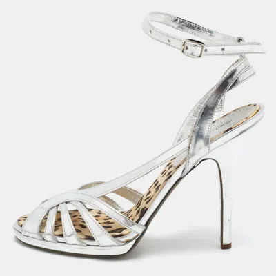 Pre-owned Roberto Cavalli Size 40 Silver Leather Ankle Strap Sandals