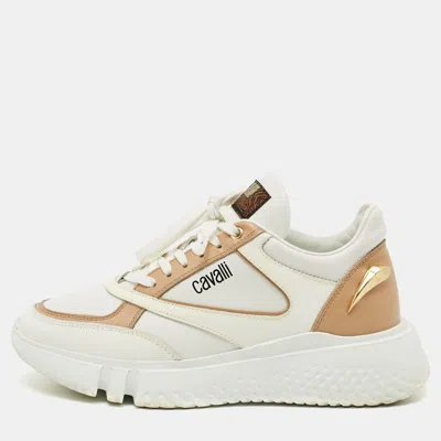 Pre-owned Roberto Cavalli Size 40 White/tan Leather Lace Up Sneakers