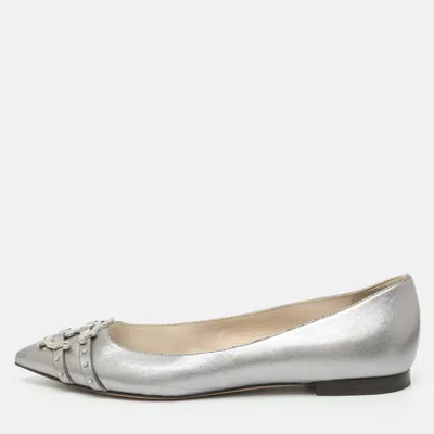 Pre-owned Roberto Cavalli Size 41 Silver Leather Logo Buckle Detailed Ballet Flats