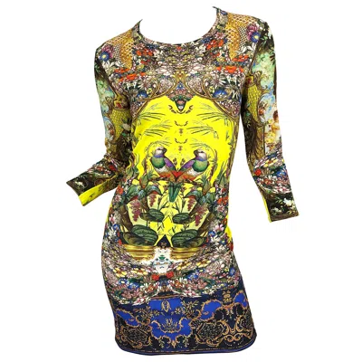 Pre-owned Roberto Cavalli Size 42 / Us 6 - 8 Yellow Novelty Bird Print 3/4 Sleeve Dress
