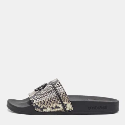 Pre-owned Roberto Cavalli Size 43 Black Python Embossed Leather Pool Slides