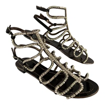 Pre-owned Roberto Cavalli Size 7 Black Rhinestone Leather Gladiator Sandals