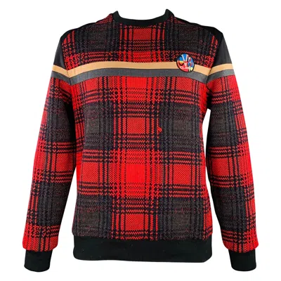 Pre-owned Roberto Cavalli Size Xl Black Red Plaid Polyester Blend Sweatshirt Pullover