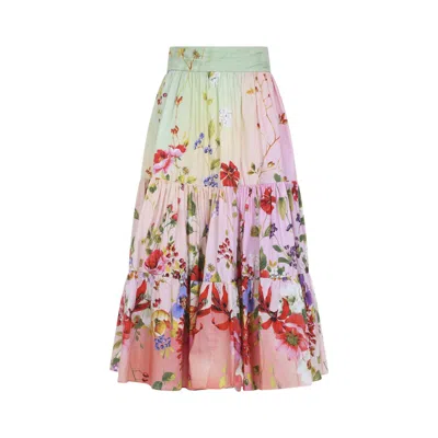 Roberto Cavalli Miami Flowers High Waist Tiered Midi Skirt In Multi