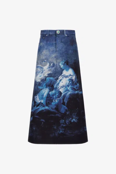 Roberto Cavalli Skirt With Denim Wild Leda Print In Dark Blue