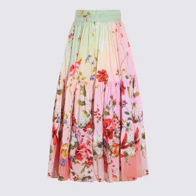 Roberto Cavalli Miami Flowers High Waist Tiered Midi Skirt In Multi