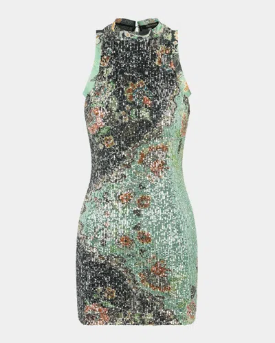 Roberto Cavalli Sleeveless Floral Sequined Stretch Mini Dress In Green