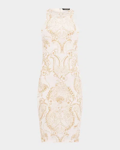 Roberto Cavalli Sleeveless Metallic Jersey Devore Mini Dress In White