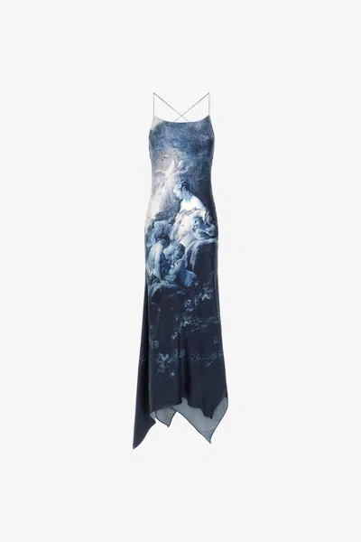 Roberto Cavalli Slip Dress With Denim Wild Leda Print In Dark Blue