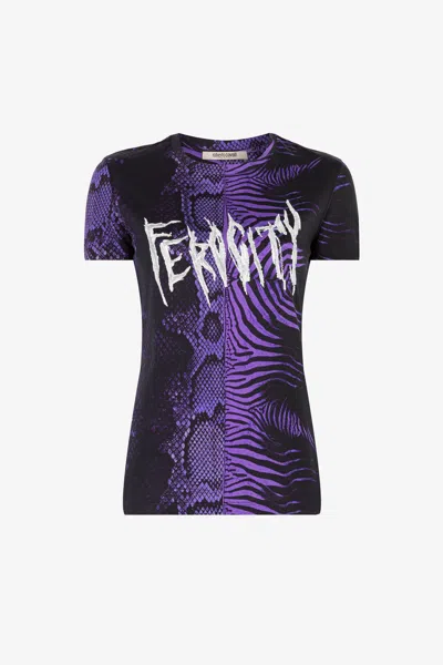 Roberto Cavalli Slogan-print Cotton T-shirt In Purple