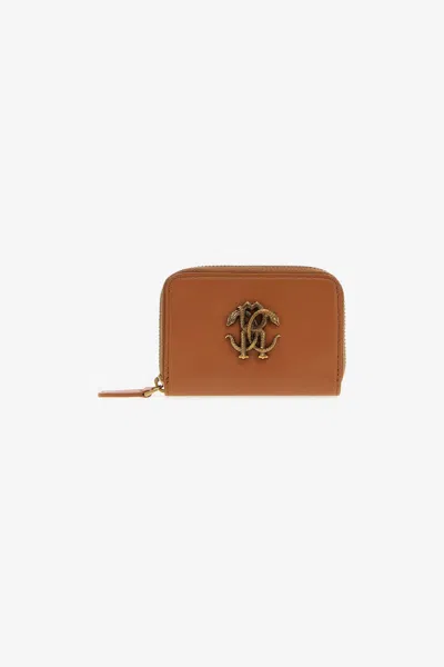 Roberto Cavalli Small Wallet With Monogram Rc And Zip In Brown