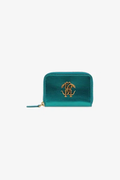 Roberto Cavalli Small Wallet With Monogram Rc And Zip In Green