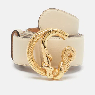 Pre-owned Roberto Cavalli Snake 90 Cm Buckle Belt Cream Leather In White
