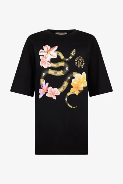 Roberto Cavalli Snake And Flower Print T-shirt In Black