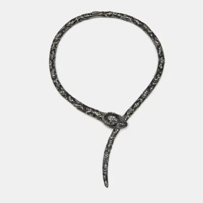 Pre-owned Roberto Cavalli Snake Black Enamel Crystal Gunmetal Tone Collar Necklace