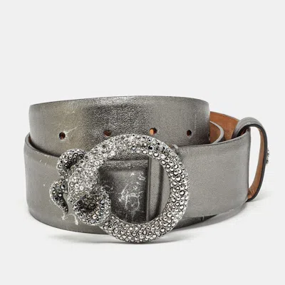 Pre-owned Roberto Cavalli Snake Crystal Buckle 90cm Belt Metallic Leather In Silver