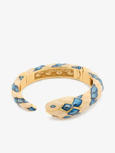 Roberto Cavalli Snake Cuff Bracelet In Beige/blu/oro