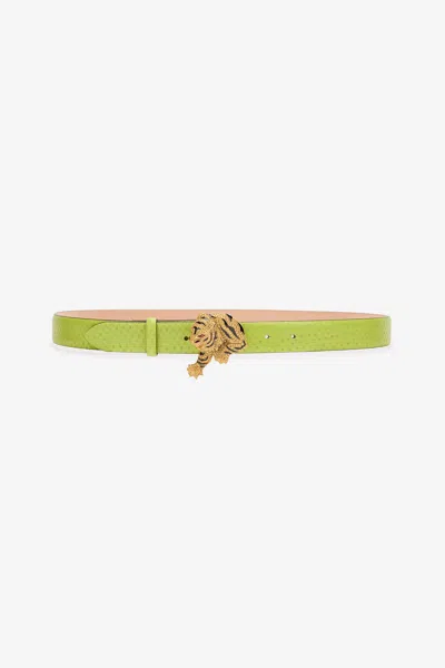 Roberto Cavalli Snake-effect Belt With Bejeweled Tiger In Light Green