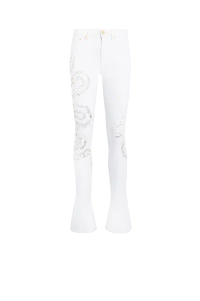 Roberto Cavalli Snake Embellished Jeans In White