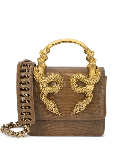 Roberto Cavalli Snake-embellished Leather Shoulder Bag In Brown