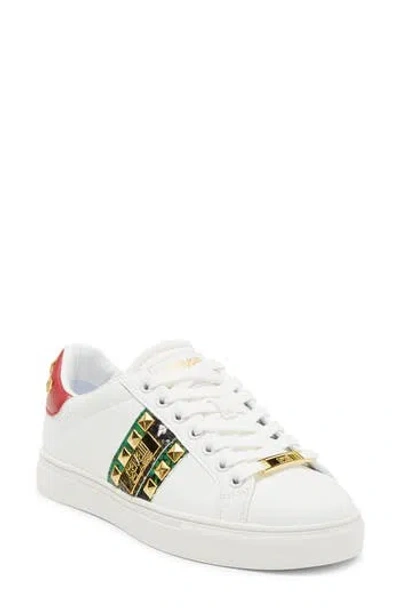 Roberto Cavalli Snake Embossed Pyramid Stud Tennis Shoe In White