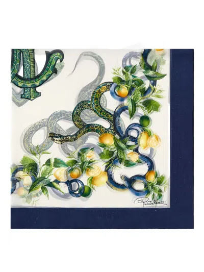 Roberto Cavalli Snake-logo Lemon-print Scarf In Blue