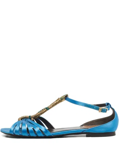 Pre-owned Roberto Cavalli Snake Logo T-strap Sandals In Blue