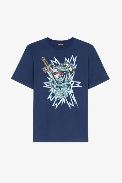 Roberto Cavalli Snake-print Cotton T-shirt In Dark Blue