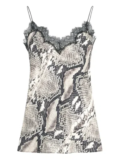 ROBERTO CAVALLI SNAKE-PRINT LACE-TRIMMED TOP