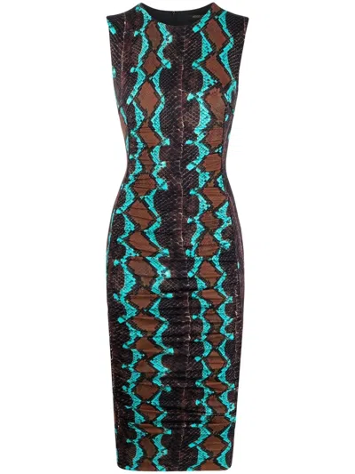 Roberto Cavalli Snake-print Midi Dress In Blue Brown Ice
