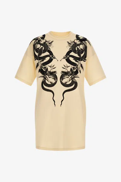 Roberto Cavalli Snake Print T-shirt Dress In Ivory