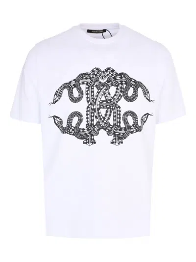 Roberto Cavalli Snake-print Cotton T-shirt In White