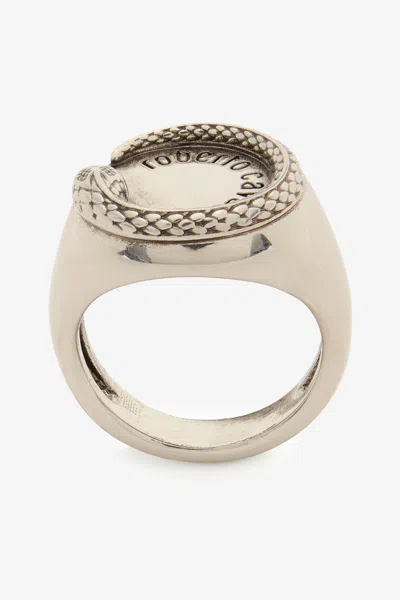 Roberto Cavalli Snake Ring With Logo In Silver