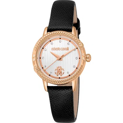Roberto Cavalli Snake Textured Crystal Quartz Leather Strap Watch, 30mm In Black