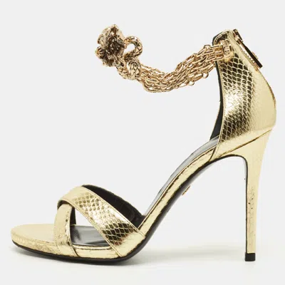 Pre-owned Roberto Cavalli Snakechain Size 37 Gold Snakeskin Ankle Strap Sandals