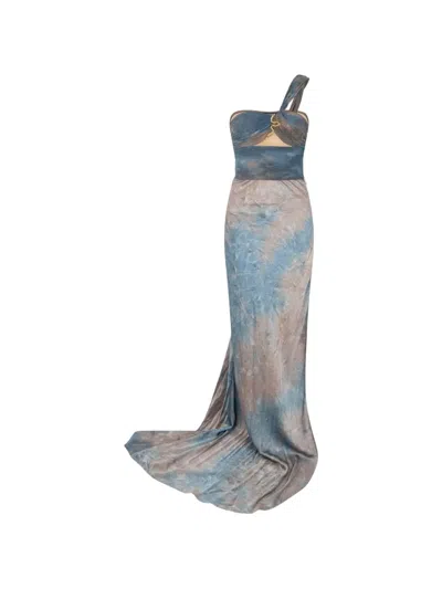 Roberto Cavalli Snake-plaque One-shoulder Maxi Dress In Multi