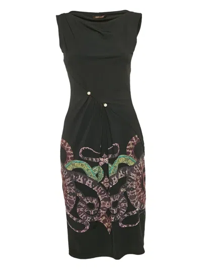 Pre-owned Roberto Cavalli Snake-print Midi Dress In Black