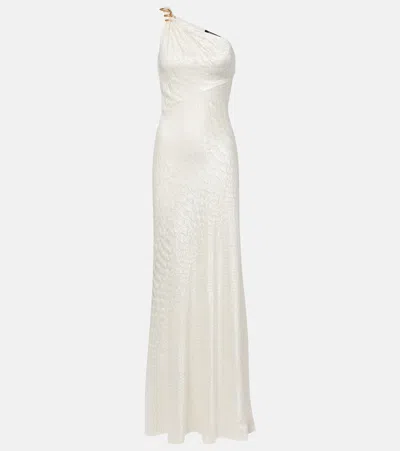Roberto Cavalli Snake-print One-shoulder Gown In White