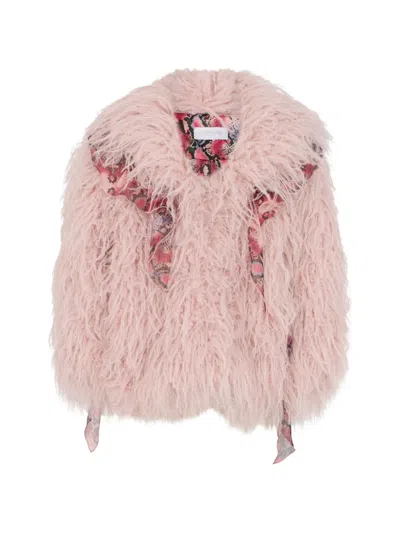 Roberto Cavalli Kids' Snake-print-trim Faux-fur Coat In Pink