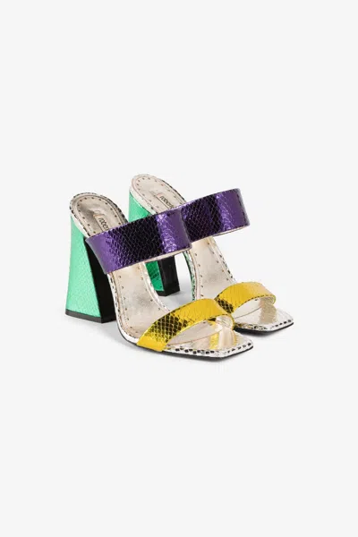 Roberto Cavalli Snakeskin-effect Foiled Sandals In Viola/mimosa/smerald