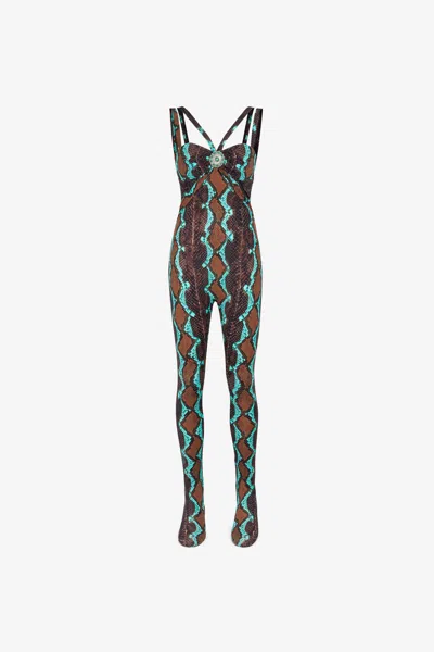 Roberto Cavalli Snakeskin-print Jumpsuit In Dark Brown/light Blue