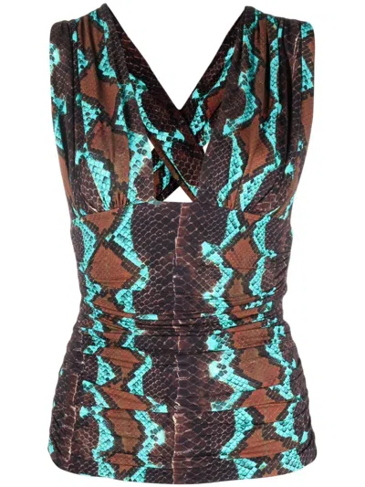 Roberto Cavalli Snakeskin-print Sleeveless Top In Dark Brown/light Blue