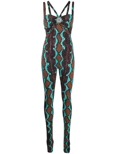 Roberto Cavalli Snakeskin-print Stretch Jumpsuit In Brown