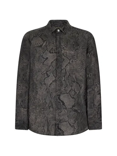Roberto Cavalli Snakeskin-print Linen Shirt In Black