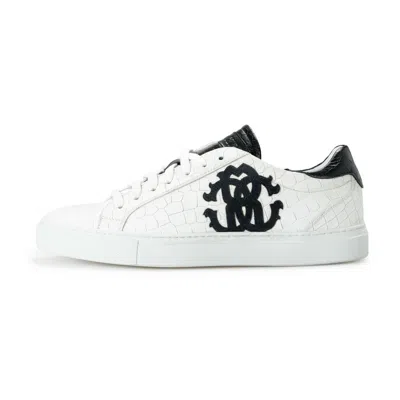Pre-owned Roberto Cavalli Sneakers Shoes Men's White Textured Leather Logo Print Fashion