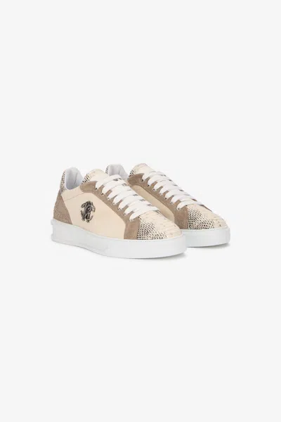 Roberto Cavalli Trainers With Cobra Inserts In Beige/ant Silver