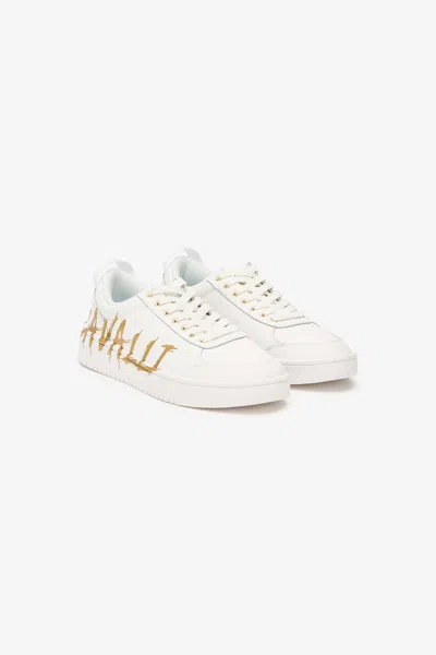 Roberto Cavalli Sneakers With Golden Graffiti Logo In White/gold